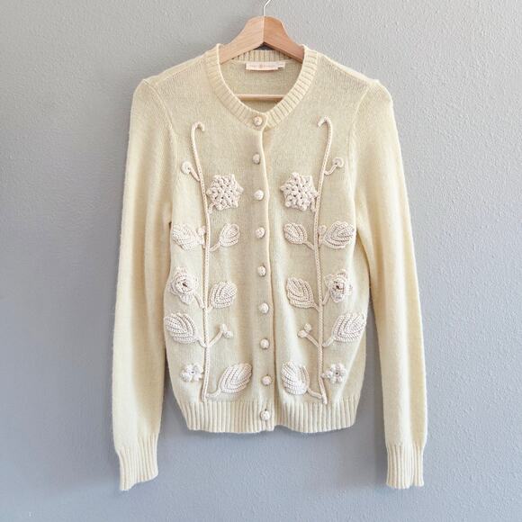 Tory Burch Wool Alpaca Cardigan With Embroidered Florals, Beige Cream, Size XS - Picture 1 of 12